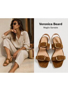 Veronica Beard Maglio Suede Buckle Flat Sandals Olive Green Size 8.5